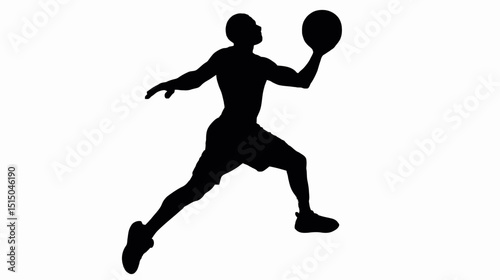 Black and White Silhouette of Jumping Male Basketball Player Holding Ball – Minimalist Sports Concept on White Background