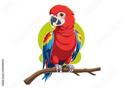Vibrant Scarlet Macaw Parrot Illustration Tropical Bird Artwork, Colorful Feathers, Exotic Avian, Jungle Wildlife, Perching on Branch