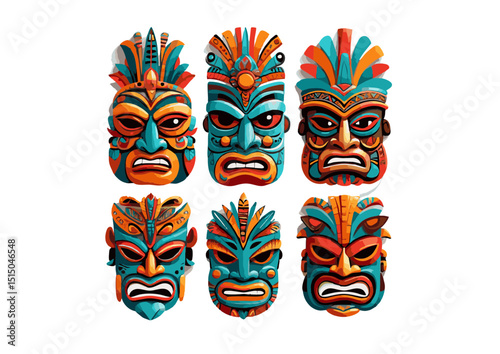 Vibrant Collection of Polynesian Tribal Masks  Intricate Designs and Bold Colors, Perfect for Cultural Decor or Digital Art Projects