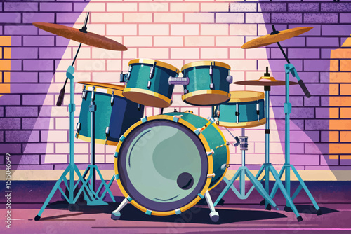 Drum kit Design with brick wall vector illustration