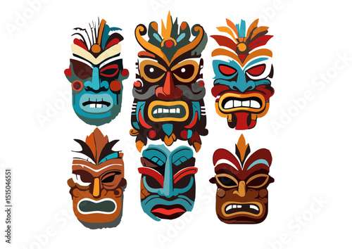 Vibrant Collection of Polynesian Tribal Masks  Intricate Designs and Bold Colors, Perfect for Cultural Decor, Tattoos, or Artistic Inspiration. Download High-Resolution Images Now!
