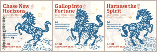 Year of the Horse 2026 Festive Poster Set with Floral Papercut Horses and Motivational Messages, for Card or Banner Templates, 1:1 square format