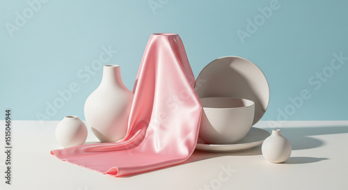 White Ceramics and Pink Silk in Soft Pastel Setup