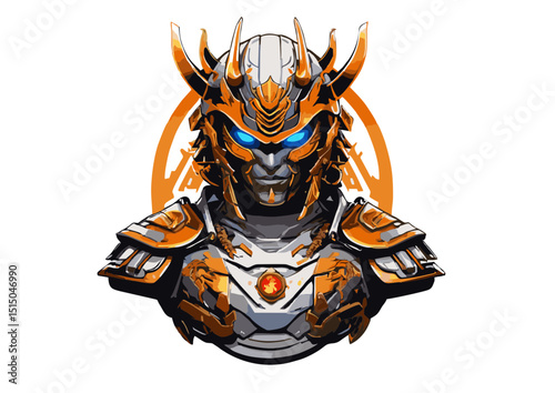 Fierce Samurai Robot Digital Art of a Powerful Orange and White Armored Warrior, Glowing Blue Eyes, Detailed Illustration, Concept Art, Fantasy Character Design