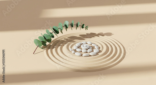 Zen Arrangement with Pebbles and Eucalyptus on Sand