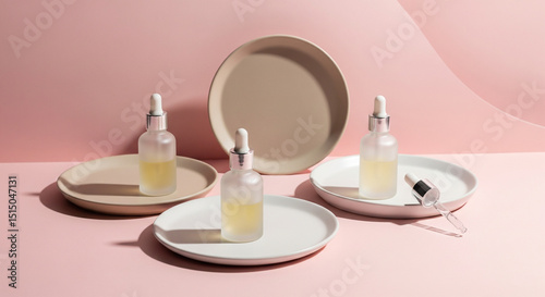 Cosmetic Bottles on Ceramic Plates with Soft Lighting