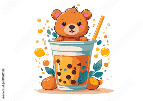 Adorable Brown Bear Cub Enjoying a Refreshing Orange Boba Tea in a Plastic Cup, Cartoon Illustration