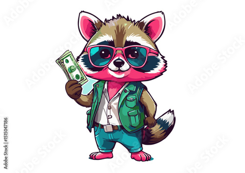 Cool Raccoon Cartoon Character Illustration  A Wealthy, Stylish Bandit in Sunglasses Holding Cash