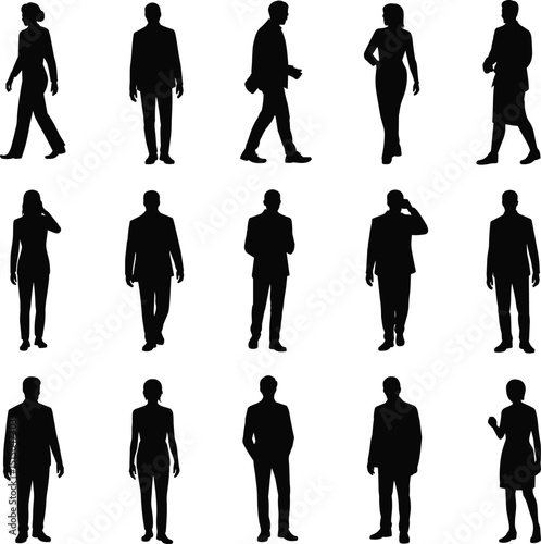 Silhouette of various people in business attire isolated on white background, professional concept for corporate design, vector illustration.