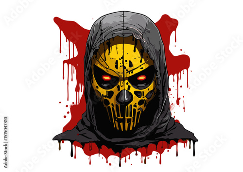 Glowing Eyes, Yellow Skull Mask, Dark Hooded Figure A Digital Illustration of a Mysterious, Menacing Character.  Intricate Details and Blood Splatter Backdrop Create a Gripping Visual Narrative.