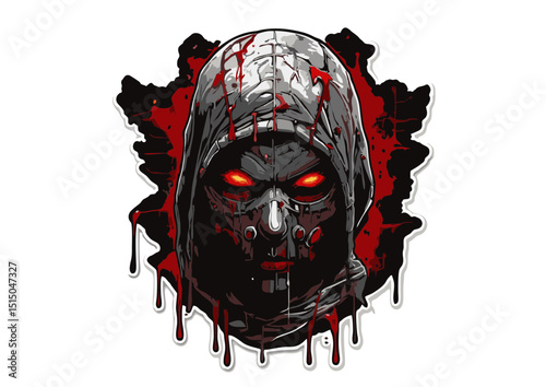 Gory Horror Hooded Figure Illustration Intense Red Eyes, Bloody Ripped Background, Dark Grey Mask, Graphic Design