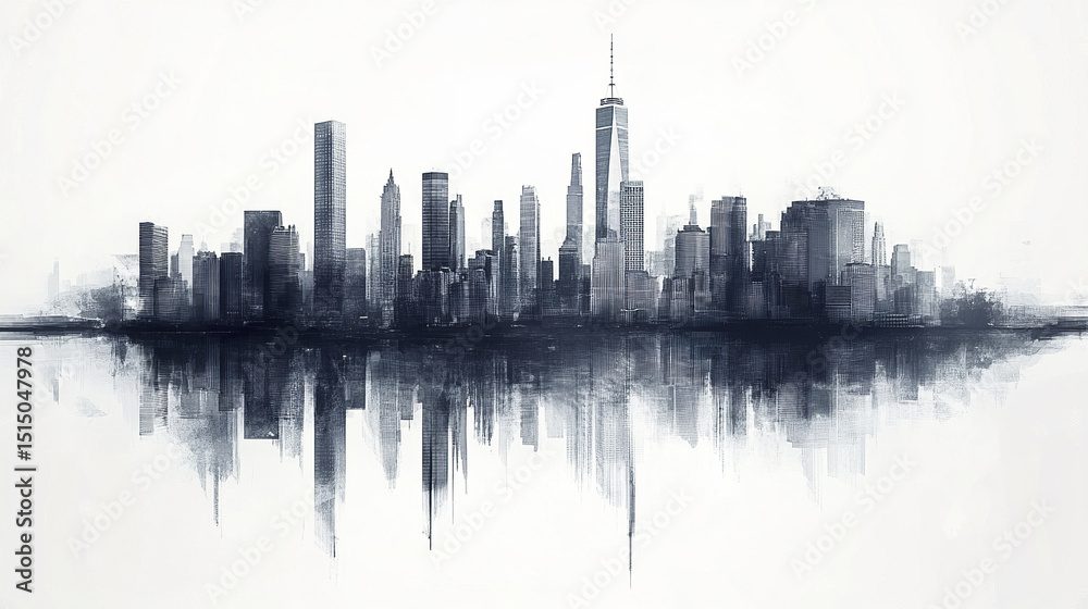 Obraz premium stunning city skyline silhouette reflecting on calm surface, evoking sense of tranquility