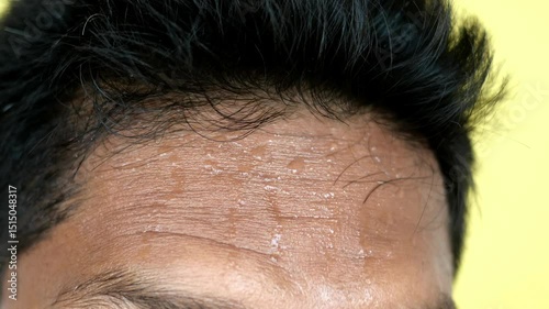 closeup of sweating on man forehead 