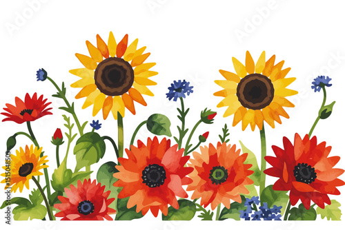 Watercolor Sunflower and Poppy Floral Border- Beautiful Hand Painted Flower Illustration for Spring Summer Designs- Vibrant Colors and Botanical Details