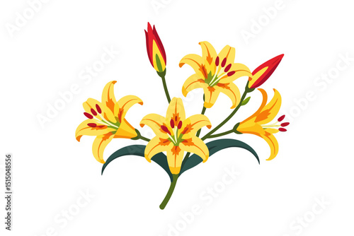 Beautiful Yellow Lilies Illustration- Vector Graphic of Blooming Lilies with Red Buds- Perfect for Floral Designs and Springtime Projects- Isolated on White Background