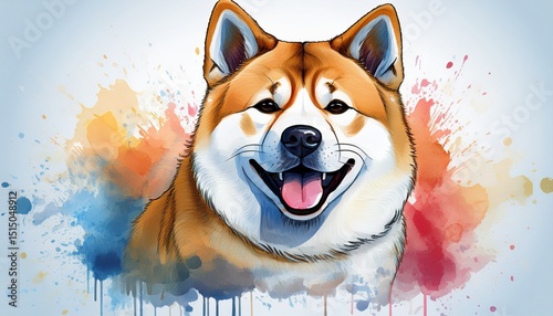 cheerful akita dog watercolor painting