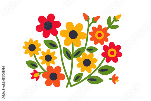Colorful Floral Arrangement Vector Graphic- Vibrant Red Orange Yellow Flower Design- Botanical Illustration on White Background- Perfect for Spring Summer Projects