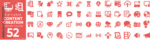 Content Creation Thin Line Icon Set. Ideas, Video, Writing, Social Media, and More. Vector Illustration.	