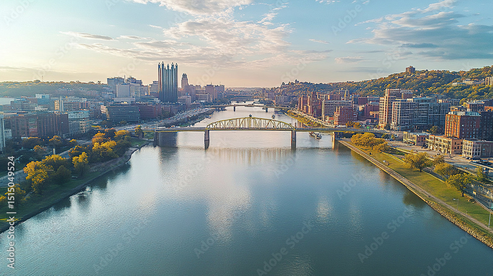 Fototapeta premium Aerial view of city skyline with riverfront, showcasing urban architecture and nature
