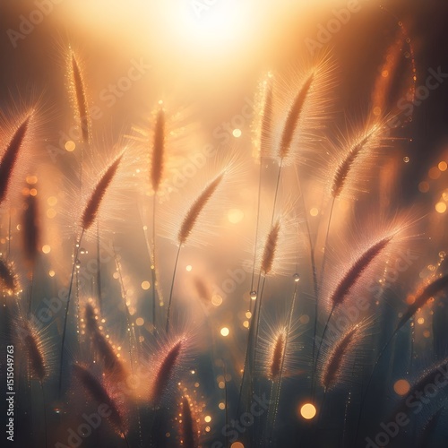 Macro Grass Texture with Morning Dew in Sunrise Light