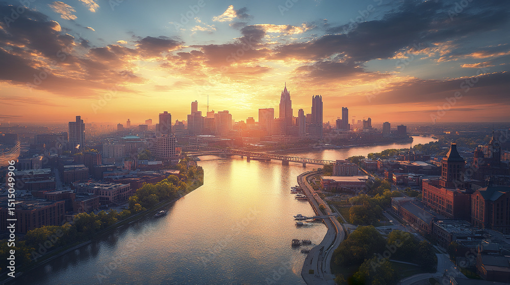 Obraz premium stunning city skyline at sunset, reflecting on river with vibrant colors