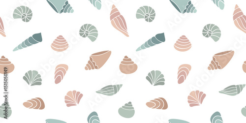 Seamless pattern with flat pastel seashells in minimalist style. Ocean sea shells silhouette. Great for textile print, wrapping paper, vacation decor, packaging, summer branding, beach product