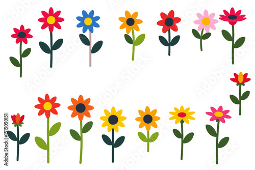 Colorful Flower Garden Illustration - Whimsical Floral Design with Vibrant Colors - Springtime Flowers on White Background