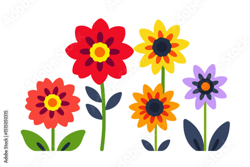 Colorful Flower Illustration - Springtime Floral Design with Red, Yellow and Purple Blooms - Cheerful and Bright Flower Clipart for Kids and Adults