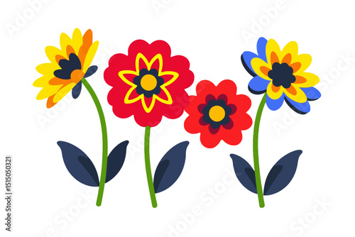 Colorful Flower Illustration - Vibrant Floral Design with Yellow, Red, and Blue Flowers - Botanical Art for Spring and Summer Themes
