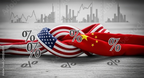 Economic and Trade Relations Between USA and China Represented by Flags and Percentage Symbols