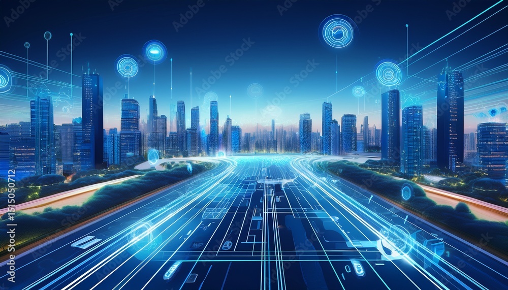 smart city with autonomous driving control system business theme simple blue