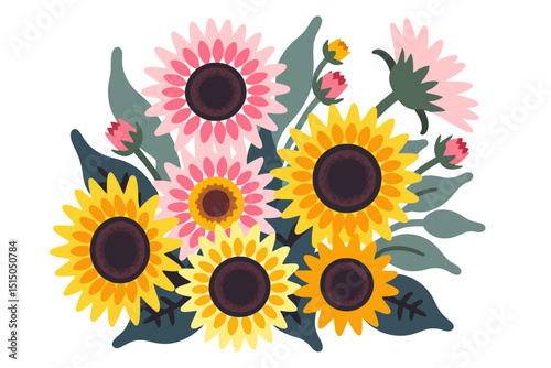 Colorful Sunflower Bouquet Illustration - Graphic Floral Design with Pink and Yellow Blossoms - Perfect for Spring and Summer Decor Projects