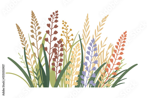 Colorful Wild Grass Illustration - Botanical Meadow with Wheat and Flower Accents - Nature Inspired Design for Prints and Digital Art Projects