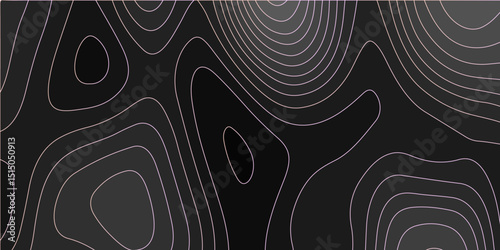 Abstract black colorful background with Topographic line map pattern. abstract wavy and curved lines background. linear map. Dark seamless design. Bold tile able isolines pattern. Vector illustration.