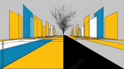 Abstract Urban Landscape with Geometric Shapes and Minimalist Tree Design in Contrasting Colors