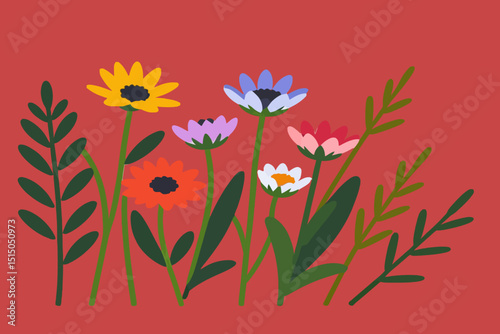 Colorful Wildflower Illustration - Vibrant Floral Design with Botanical Elements - Perfect for Spring and Summer Projects, Greetings, or Backgrounds