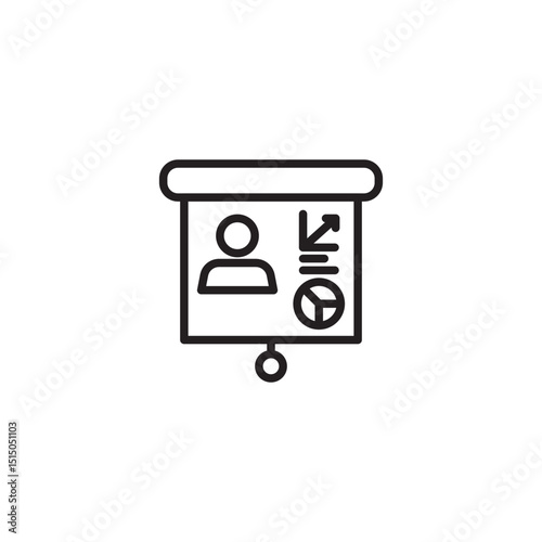 An outline icon depicting a presentation screen with a person's silhouette and a chart displaying an upward trend and pie sections, symbolizing a business presentation or report.Sources