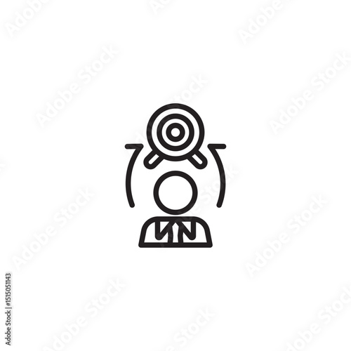 An outline icon featuring a person with a target symbol above their head, encircled by two arrows. This represents setting goals, focus, aiming for success, or personal objectives.