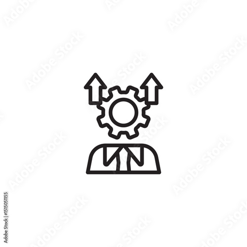 An outline icon featuring a person with a gear and two upward arrows, symbolizing professional development, skill improvement, or career advancement.