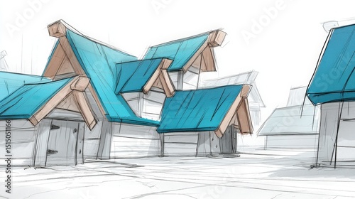 Sketch of Traditional Buildings with Blue Roofs in a Minimalist Style