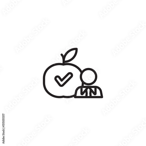 An outline icon showing a person next to an apple with a checkmark, symbolizing healthy choices, a nutritionist, dietary success, or a good health plan.