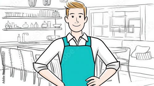 Smiling Male Barista in Apron Standing in Modern Coffee Shop with Sketchy Background