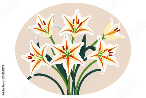 Elegant White Lily Bouquet Illustration-Floral Art with Orange Accents-Botanical Design for Cards and Decor-Vector Graphic of Beautiful Lily Flowers