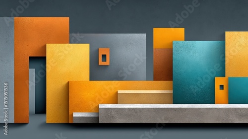 Abstract geometric composition with colorful shapes and textures on a dark background
