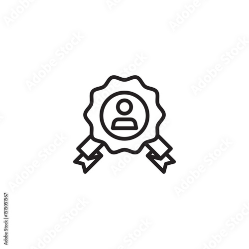 An outline icon of a jagged-edged medal or ribbon with a person's silhouette in the center. This symbolizes an award, achievement, best employee, or recognition for personal excellence.