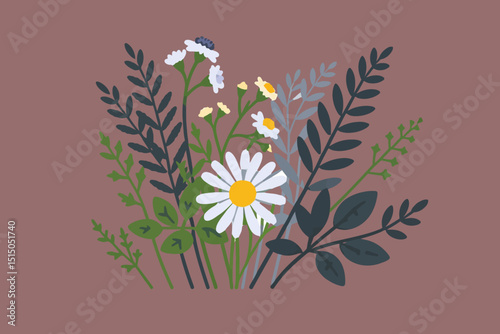 Floral Vector Illustration with Daisies and Foliage- Beautiful Flower Bouquet Design- Ideal for Spring Designs and Nature Inspired Art Projects
