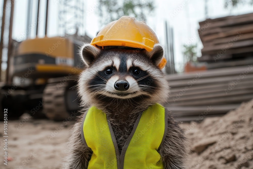 Fototapeta premium Raccoon with safety vest and helmet in construction site. Use it for humorous, safety awareness or educational material.