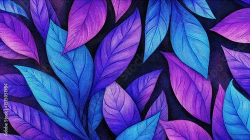 Vibrant Colorful Leaves Pattern with Shades of Purple and Blue on Dark Background