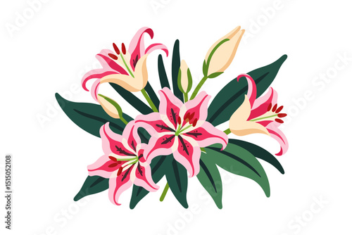 Pink Lily Flower Bouquet Illustration- Modern Floral Design with Dark Green Leaves and Buds- Elegant Botanical Art for Prints and Decor