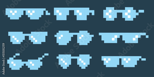 Pixel sunglasses vector illustration collection for retro designs, digital artwork, and video games